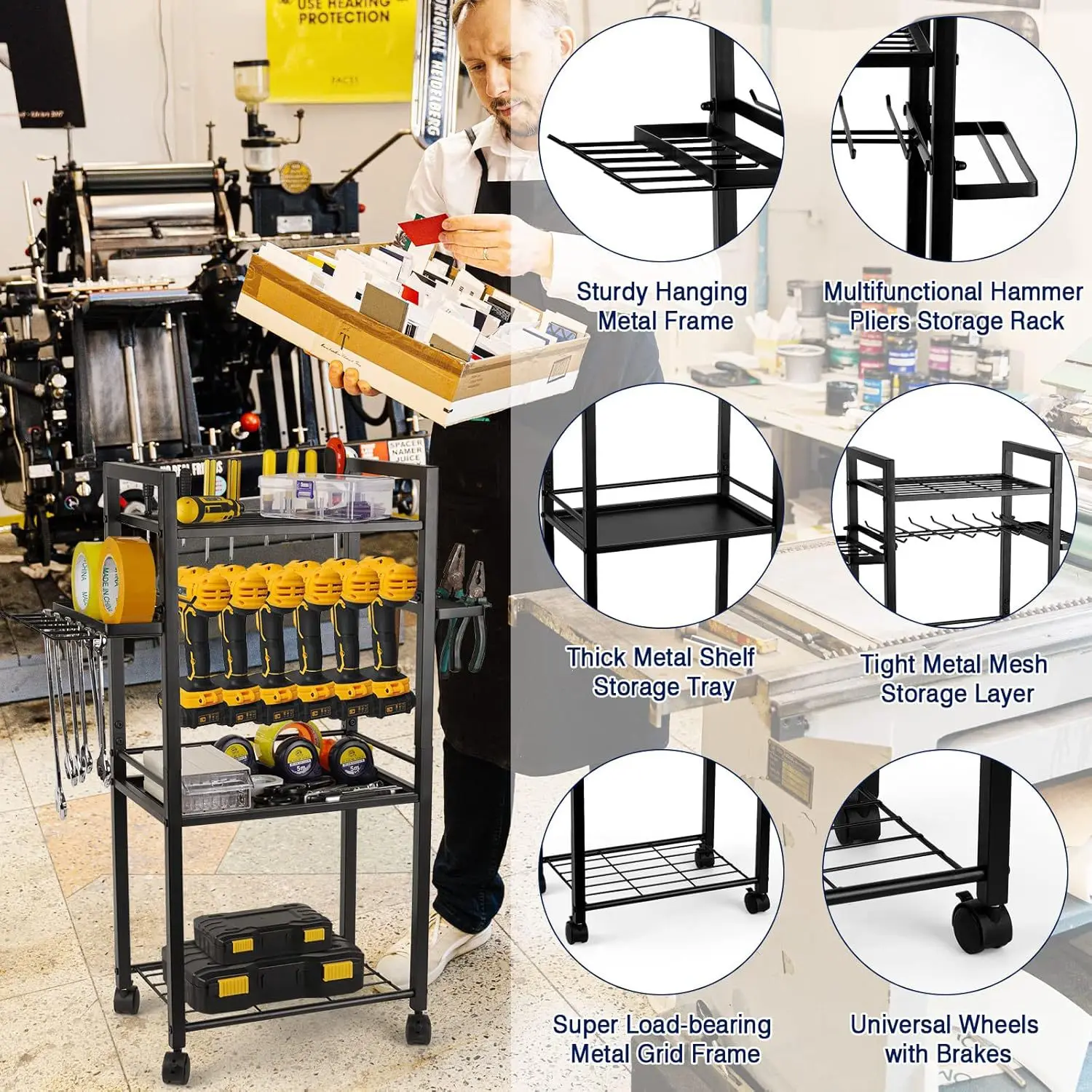 Wholesale Versatile Black Metal Garden Tool Organizer Rack Garage Tool Holder with Hooks and Wheels Wholesale Storage Rack