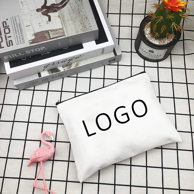 Small Eco Custom Logo Cotton Blank Zipper Pouch Make Up Bags Plain White Cotton Canvas Makeup Cosmetic Bag