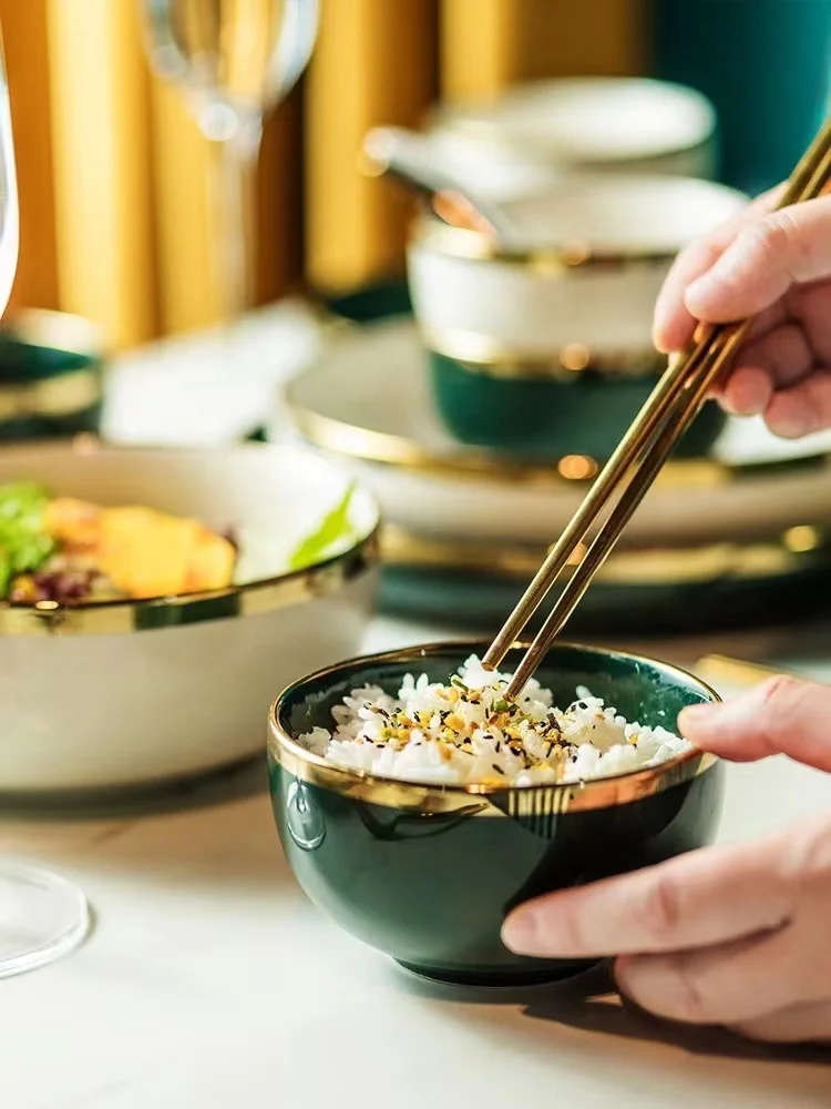 Europe style classic green and white dinner plate luxury golden rim bowl dish dinnerware set tableware