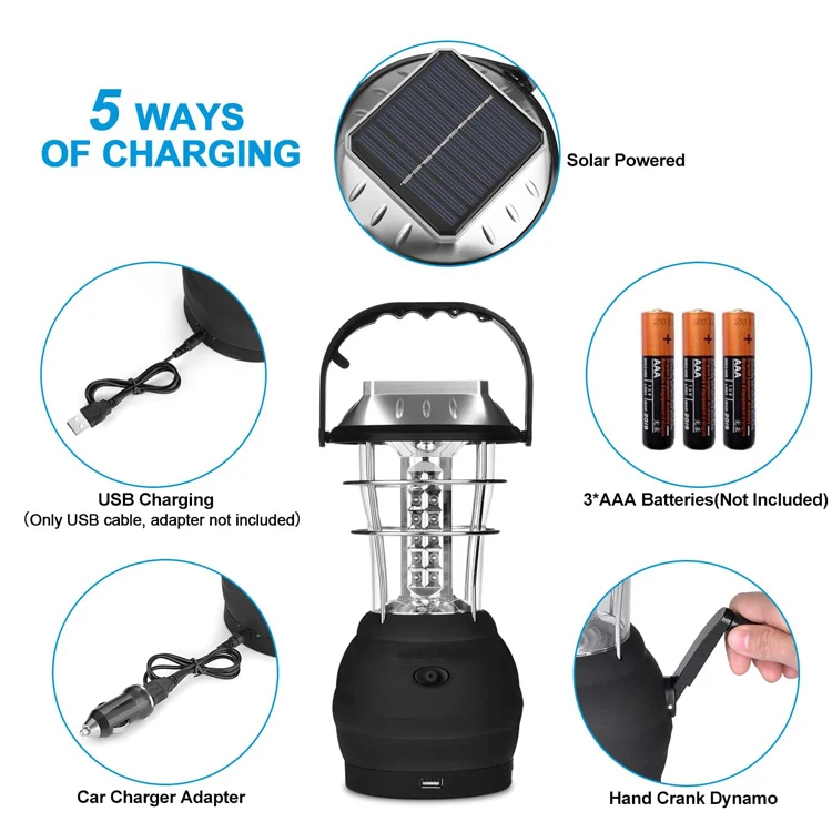 Outdoor waterproof hanging 36 63 Led big size large usb power dynamo rechargeable hand crank solar camping lantern lamp light