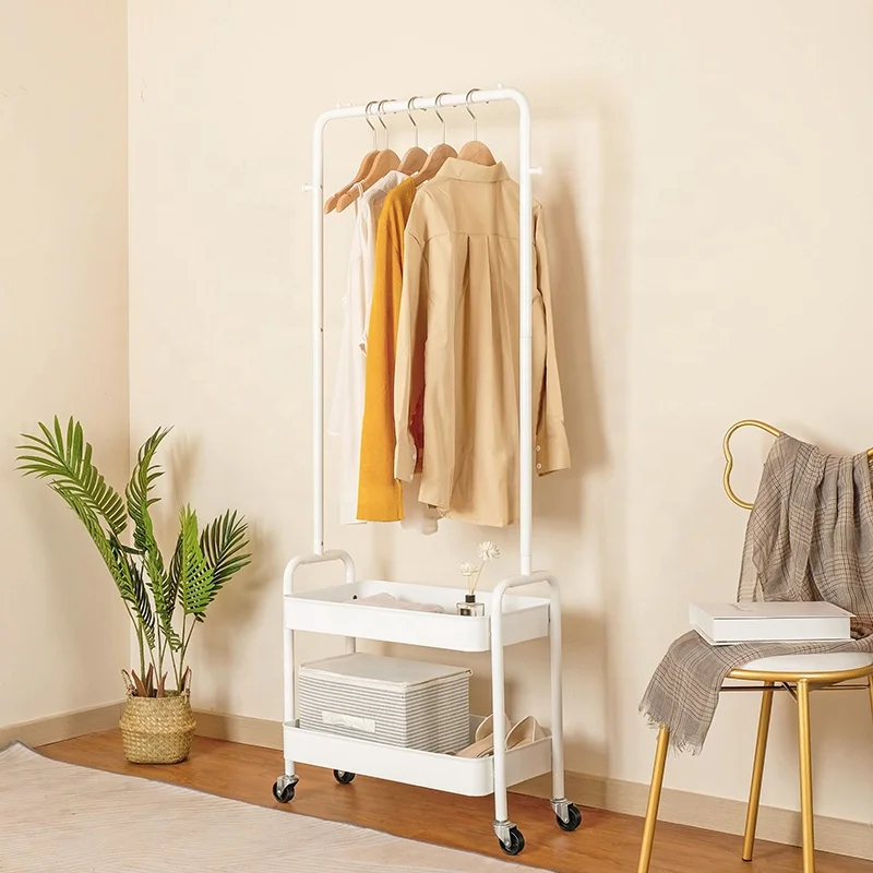 rolling garmet rack hanger rack coat standing on wheels rolling storage shelves basket single pole clothing rack