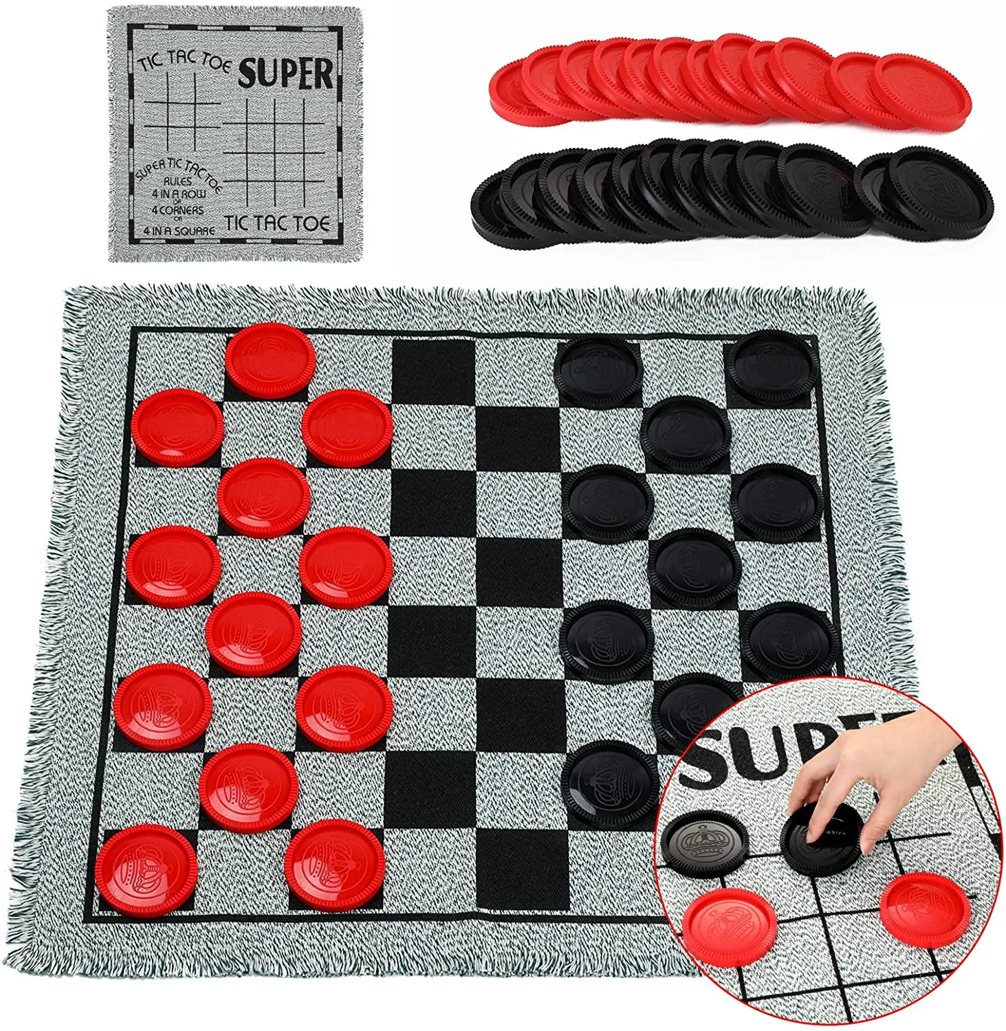 BSCI OEM Factory Custom 3 in 1 Tic Tac Toe Board Draughts Reversible Rug Game large Checkers Board Game Set rug