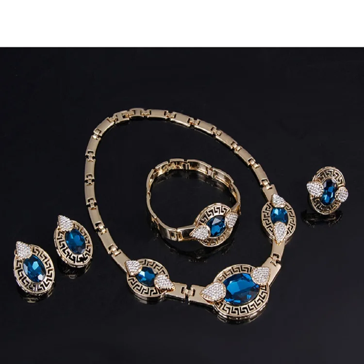 Модные женские комплекты ювелирных изделий Роскошные Саудовская 18K позолоченные большие синего цвета с украшением в виде кристаллов Свадебная обувь африканском стиле; Массивные Свадебный