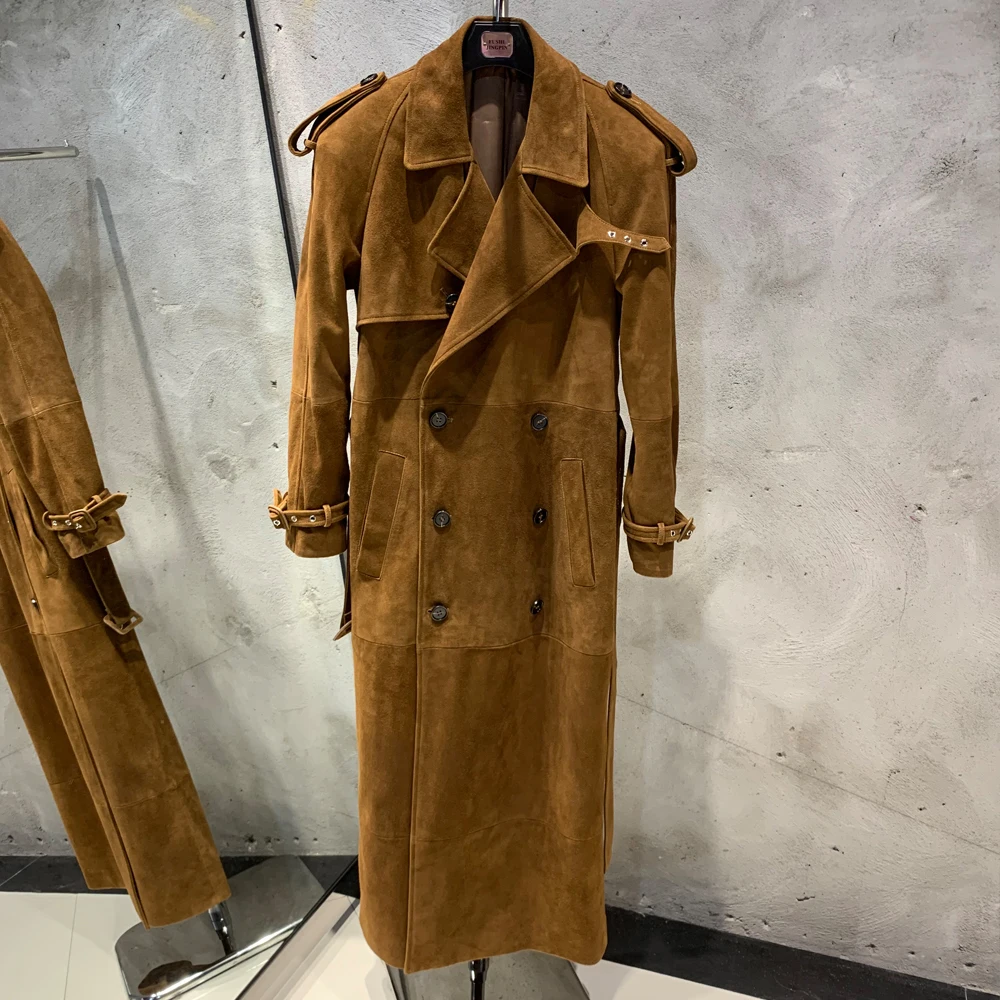 New arrivals long trench coats suede double breasted coat long suede coat women