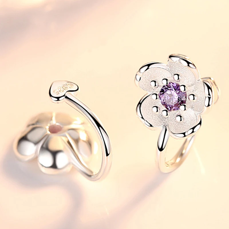 New Elegant Flower Shape Crystal CZ Clip on Earrings Without Piercing Temperament Cherry Blossoms Ear Cuff Cute No Hole Jewelry