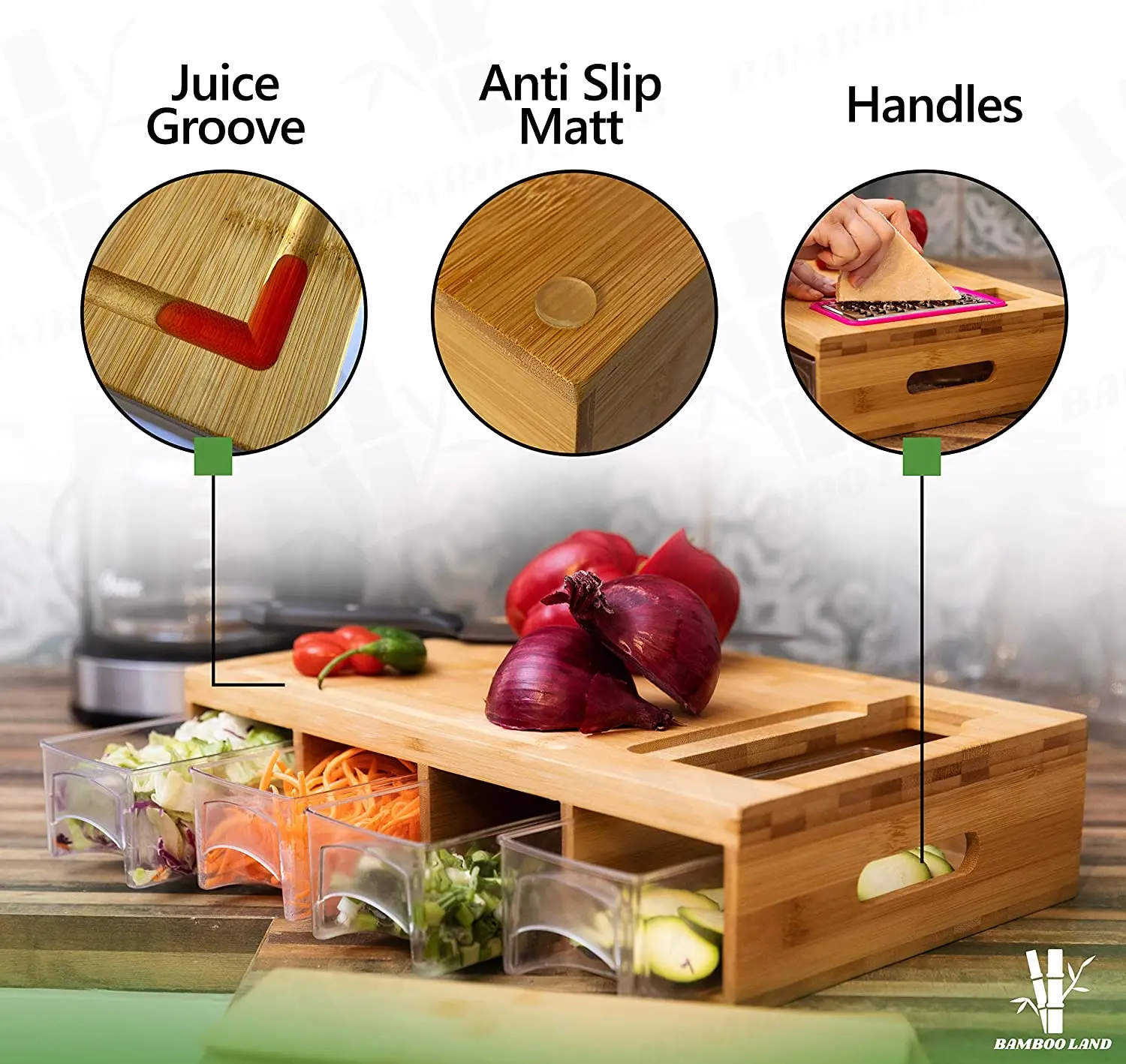 Rectangle Bamboo Chopping Block Cutting Board Set With 4 Trays Drawers Containers