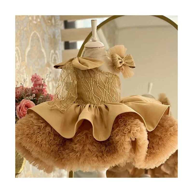 Sunset Yellow Fluffy Haute Couture Kid Clothes One Shoulder Bow Decoration Satin High Quality Princess Birthday Party Girl Dress