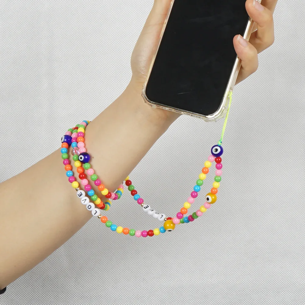 
Barlaycs 2021 New Arrival Necklace Strap Phone Case Liuli Eye Acrylic Bead Candy Color Long Charm Phone Strap Holder 
