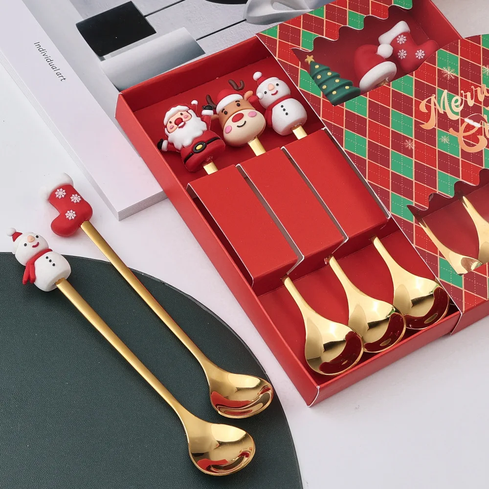 Christmas Gifts fork spoon set Christmas Tree Santa Claus Elk Dessert Coffee Spoon Christmas spoon gift set stainless steel