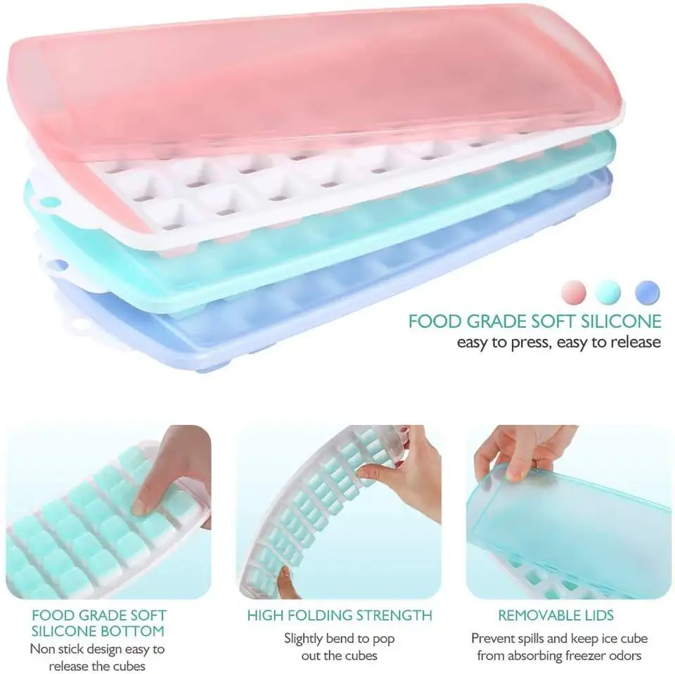 New Style Kitchen Beverages Cocktails Rectangle Soft Durable Colorful Quick Frozen Mold Lid Silicone Ice Cube Tray