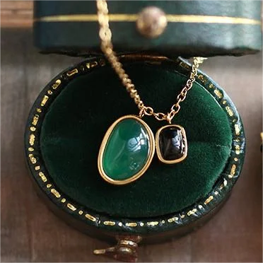 18K Gold Plated Green Chalcedony and Black Stone 316L Stainless Steel Irregular Necklace and Clavicle Chain Set