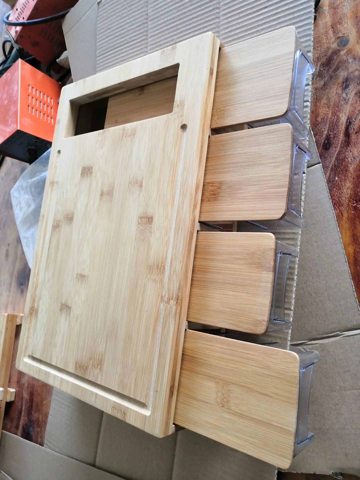 Multi-functional cutting board Comes with 4 Slicers and 4 draws Bamboo Cutting Board With Trays and LIDS