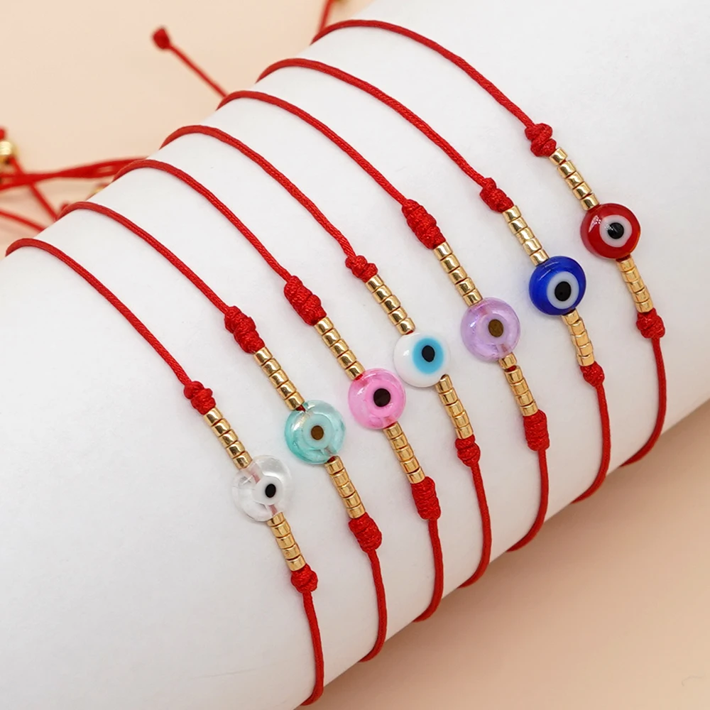 Bohemia Handmade Turkish Eyes Gold Miyuki Beads Adjustable Red Hand String Accessory Wholesale Fashion Jewelry Woman Bracelet