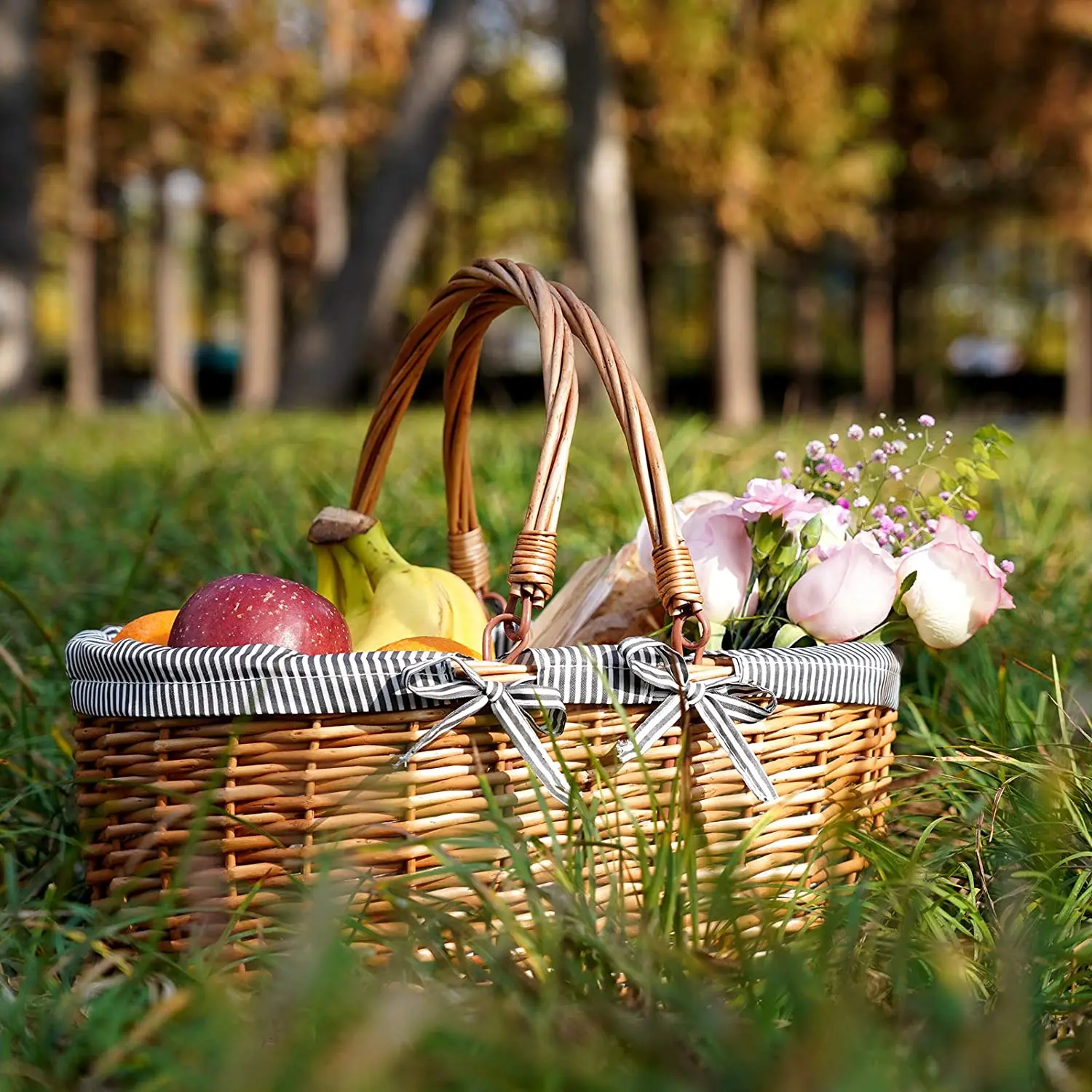 Picnic Basket Natural Woven Woodchip with Double Folding Handles