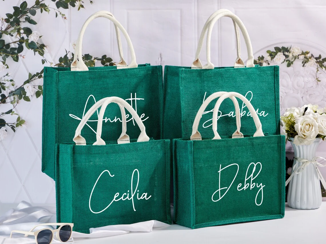 eco green laminated jute bag custom logo Bridesmaid Burlap Tote gift Bags, Bridesmaid Gift Tote Bag, Bachelorette Party Tote
