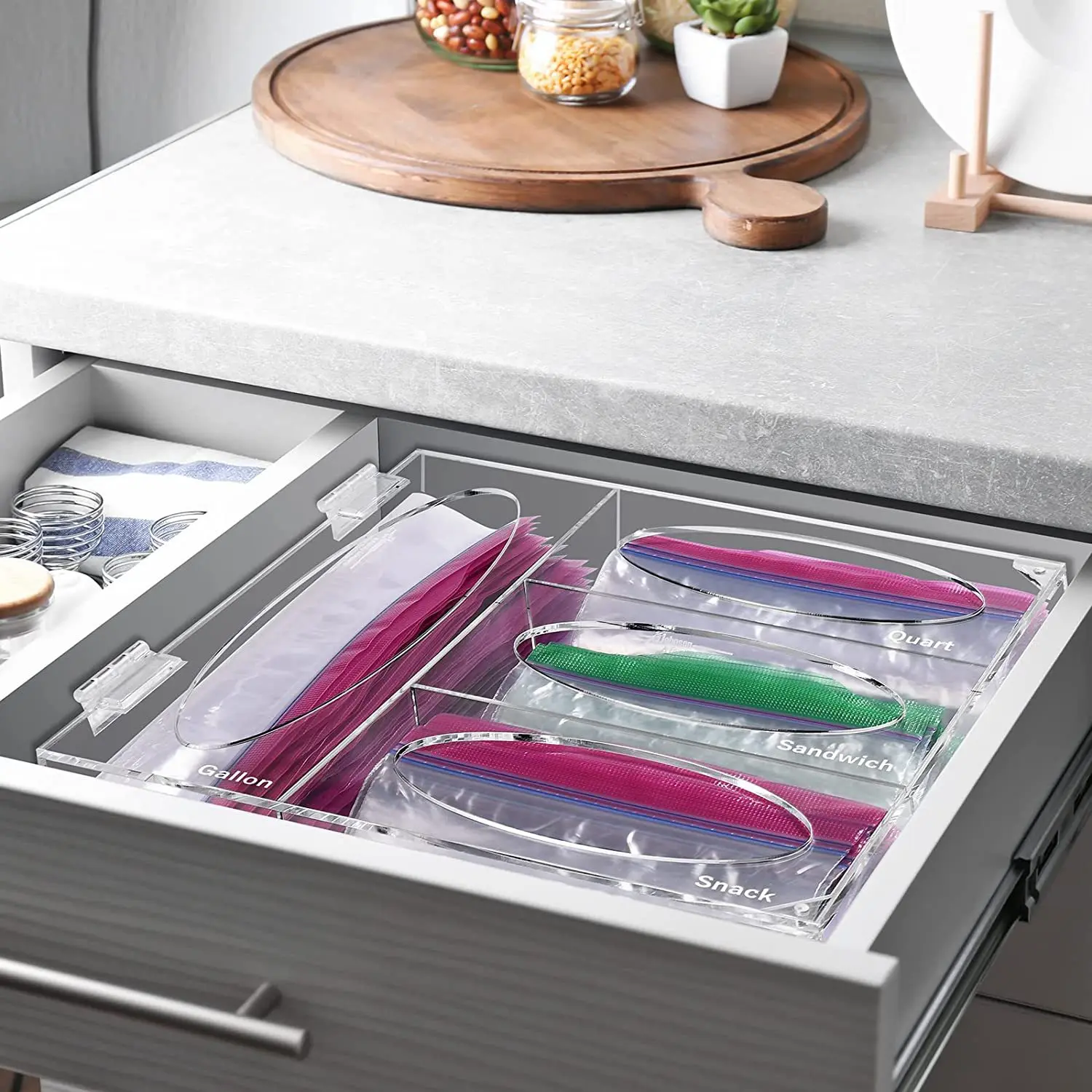 Acrylic Ziplock Bag Storage Organizer Clear Kitchen Drawer Baggie Box With Lids Food Storage Bag Holders