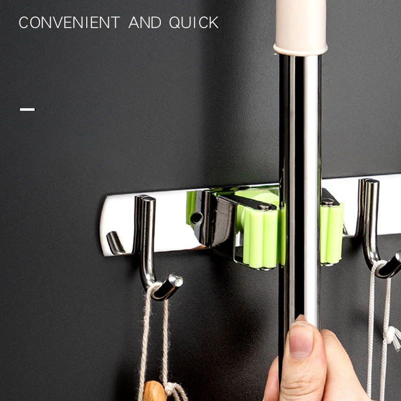Stainless Steel Wall Mounted Mop Broom Holder  Organizer Non-Slip Screws or Self Adhesive Storage Rack Hangers
