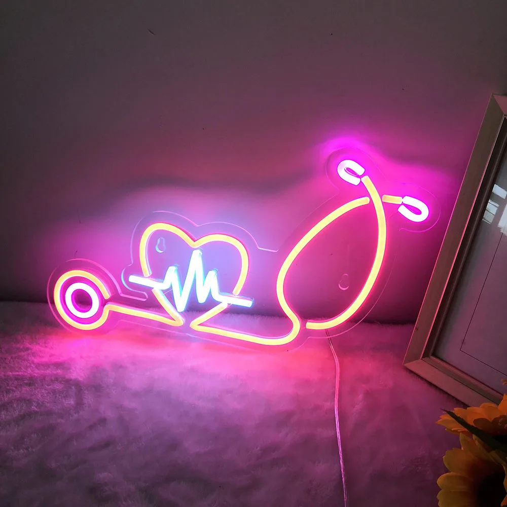 Listen to Your Heart Neon Sign For Home Decoration Custom drawing Stethoscope Heart Beat Sign Wall Art color neon sign heart