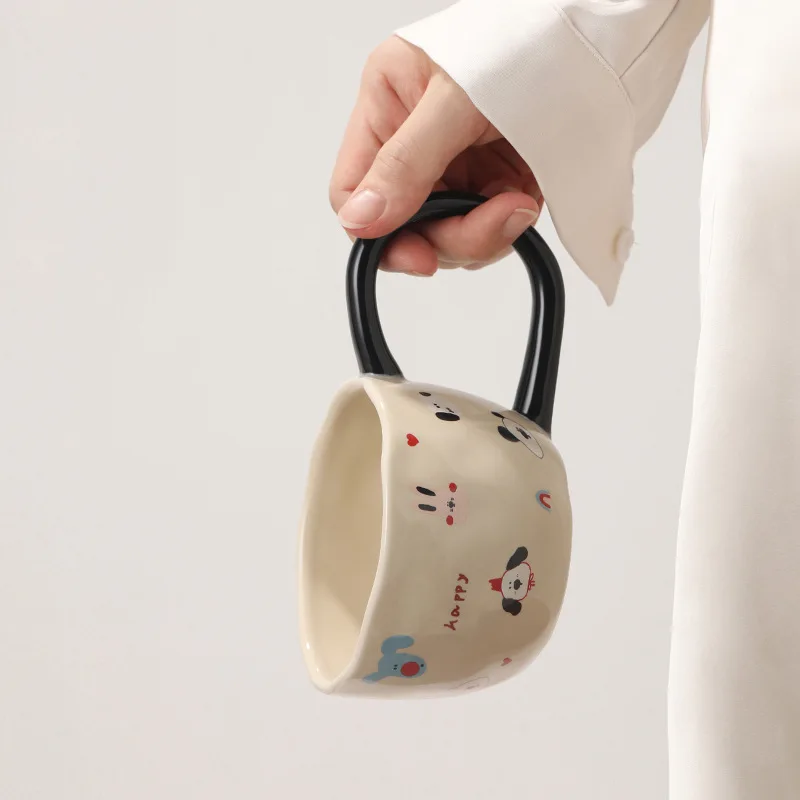 12oz Cute Cartoon Pattern Big Ears Ceramic Cup Breakfast Oatmeal Couple Coffee Mug