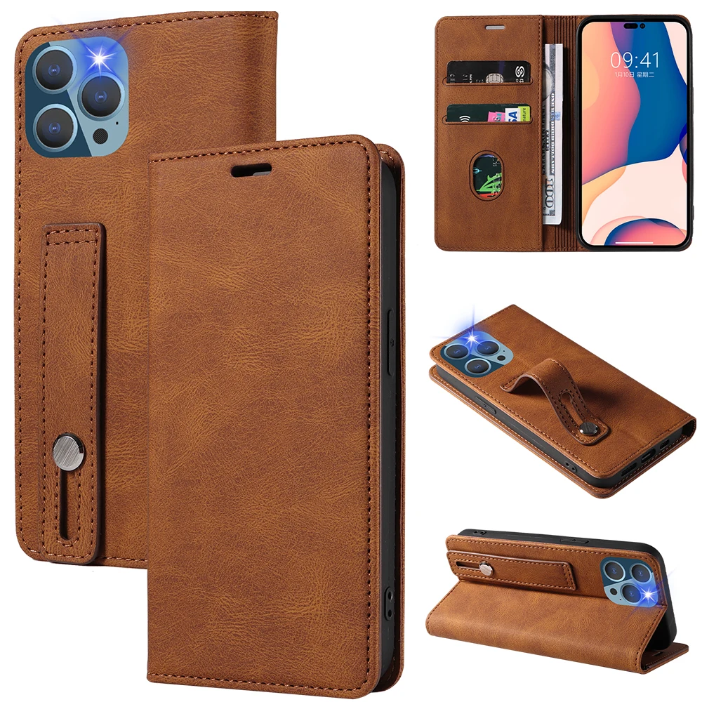 For iPhone 16 Pro Max Case With Stand and Magnetic Closure Flip Leather Wallet Mobile Phone Case With Wrist Strap