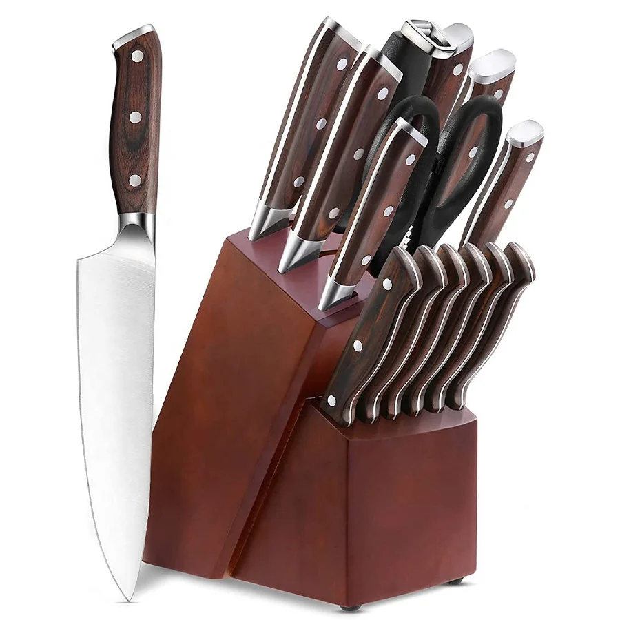 Customized 15 piece Japan German steel hammered kitchen knives chef knife professional kitchen knife set with block