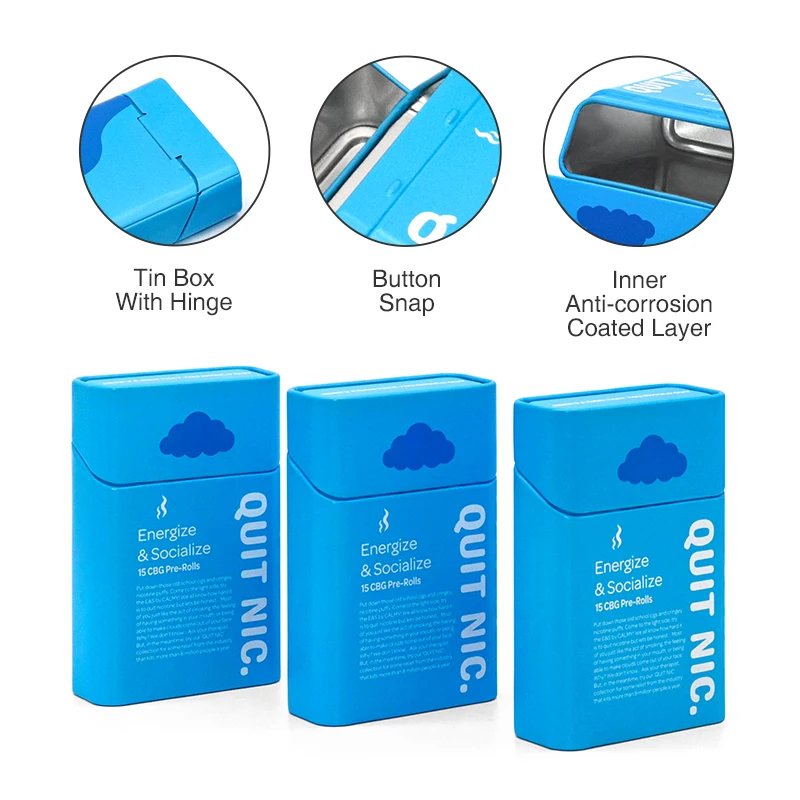 High-end Child Resistant Metal Cigarette Tin Case Packaging Child Proof pre roll Tobacco Tin Box With Hinged Lids