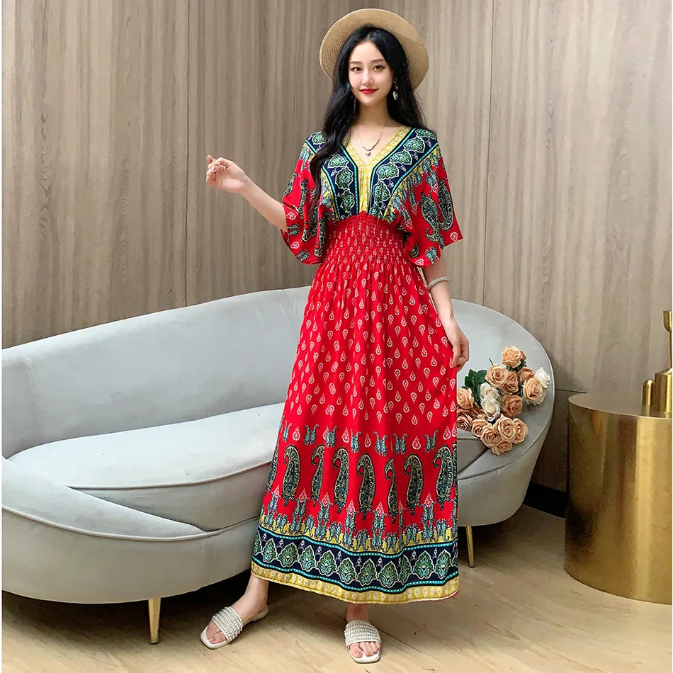 Southeast Asia travel Thai style cotton silk floral dress Female summer national style V-neck short-sleeved garden style skirt