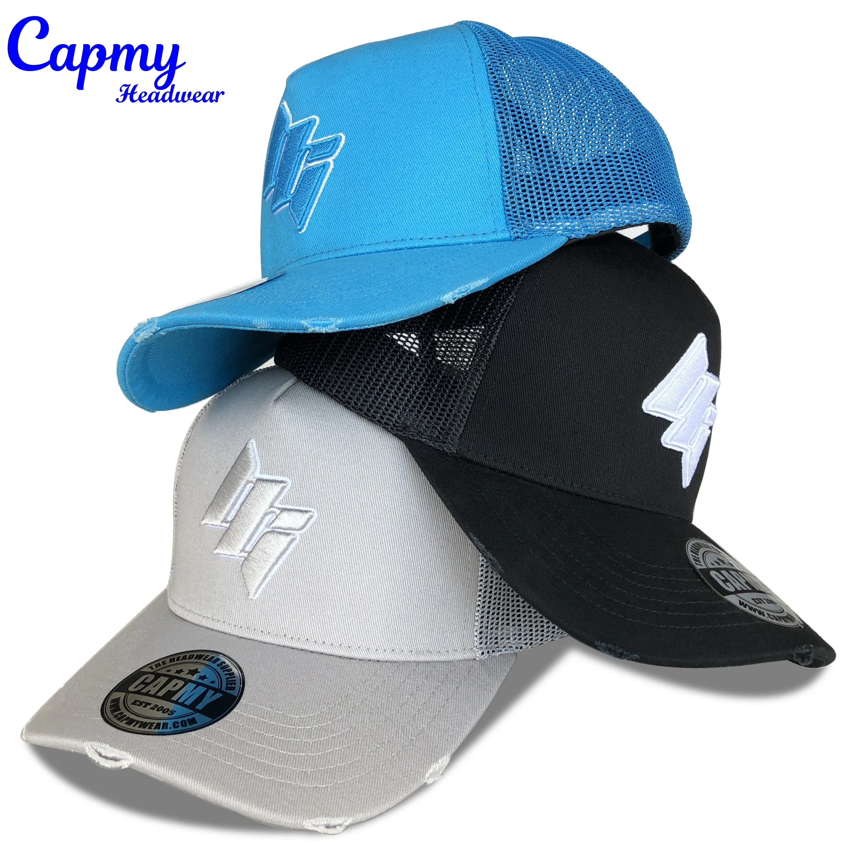 Professional Custom Grey Brown Baseball Trucker Hats Caps Mens 5 Panel 3d Embroidery Logo Distressed Rip Vintage Trucker Cap Hat