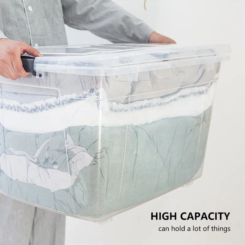 Home PP Big Heavy Duty Clear Large Organizer Stackable Transparent Plastic Cloths Storage Box With Wheels