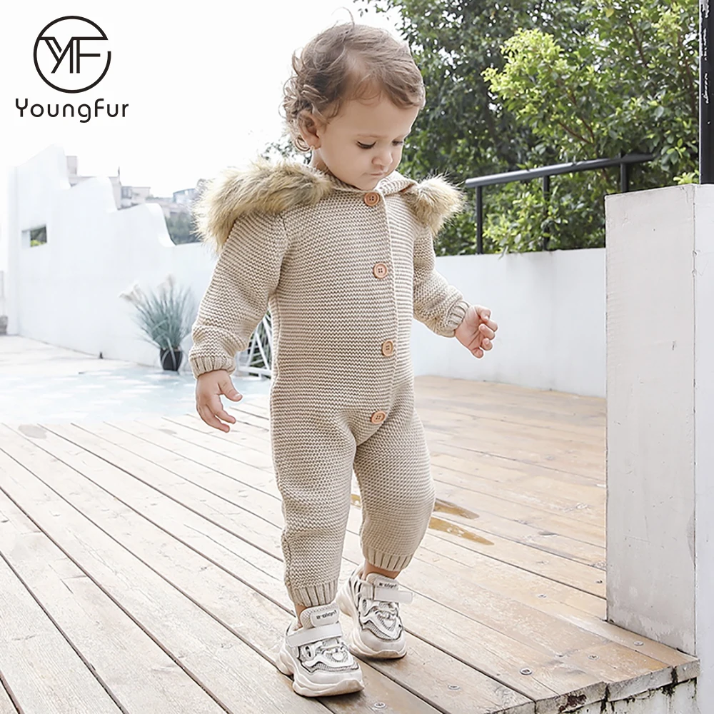 Unisex Baby Rompers Spring Autumn Knitwear Toddler Clothes Raccoon Fur Trim Hooded Newborn Baby Rompers Winter