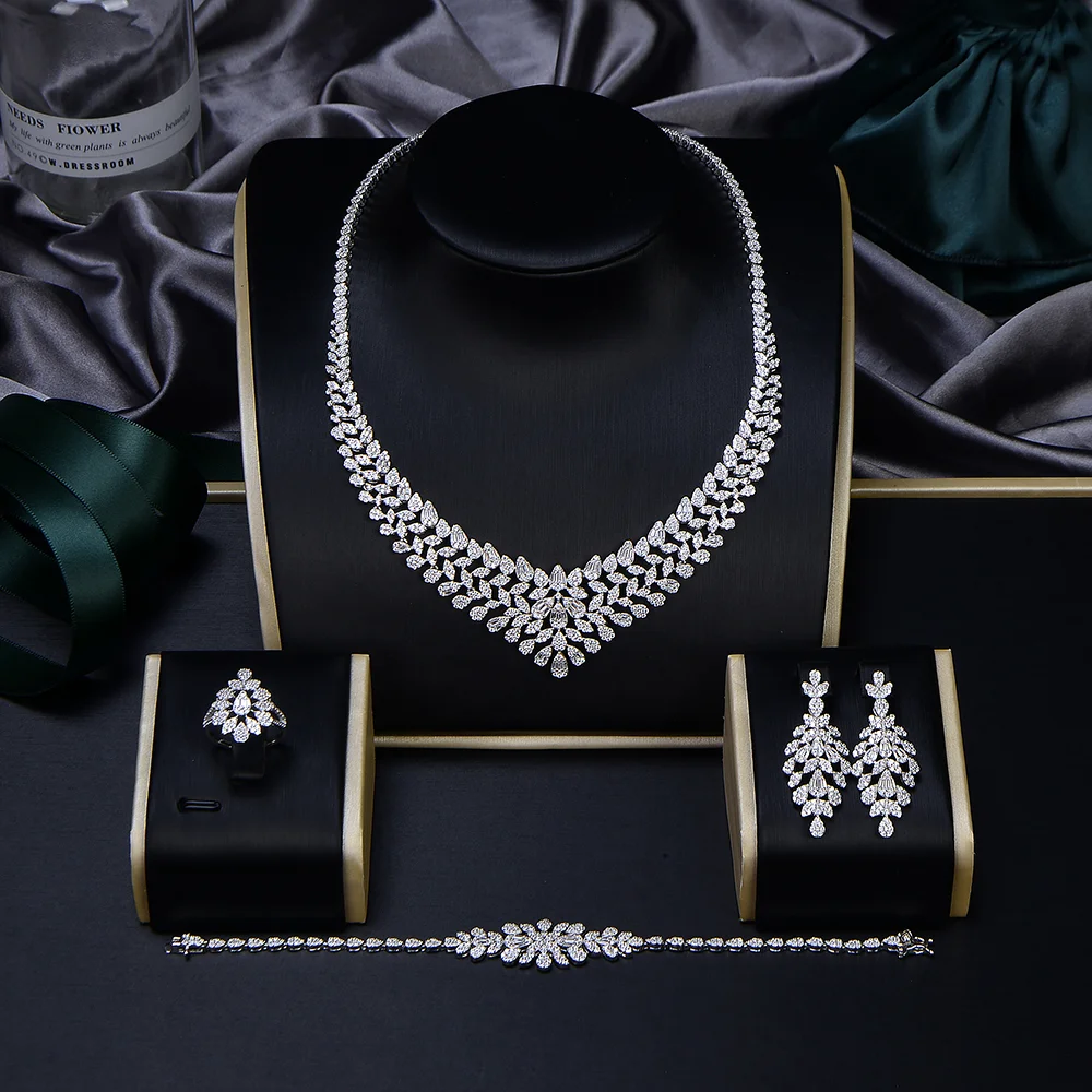 Uae Luxury Bling Heavy Cz Stone Paved 4pcs Saudi Arabian Party Stone Woman 925 Sterling Silver Bridal Jewelry Sets For Wedding