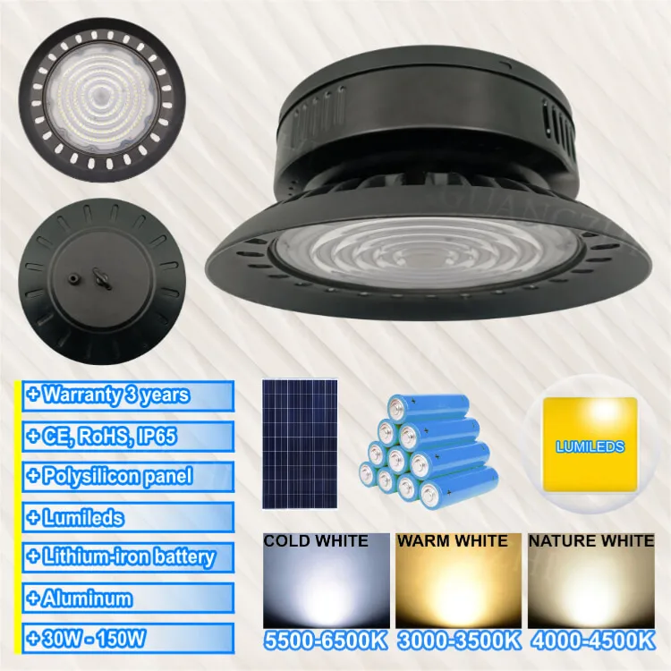 Mono 50W 150W Mutil Emitting Color 30W 60W 100W 150W Canopy 3000K-6500K UFO LED Solar Light for Indoor Garden Parking Shelter