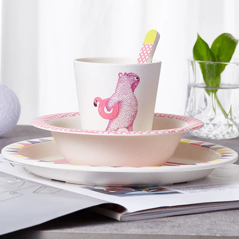 Recycled Plastic rPET Kids Dinnerware Set Includes Plate, Bowl, Tumbler and Utensil Tableware 5 Piece Set, Non-BPA