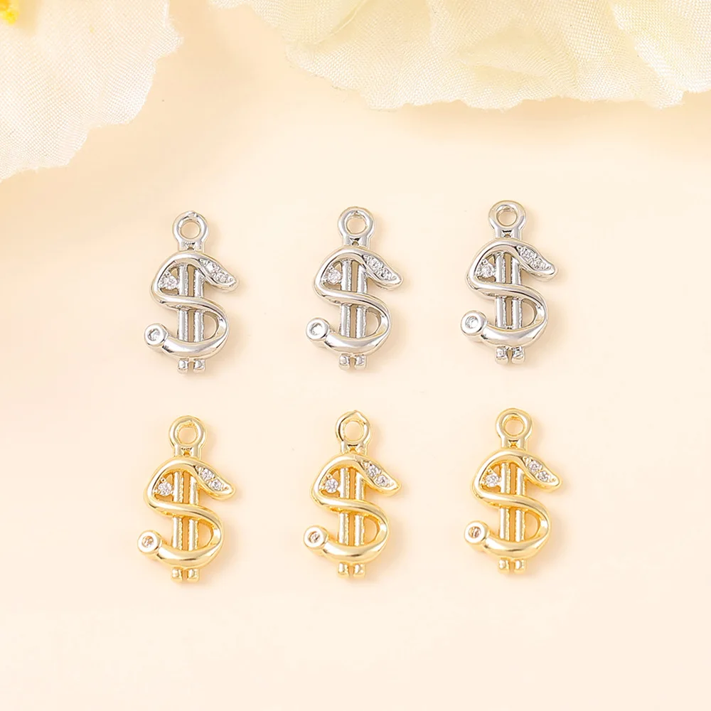 Good Quality Money Dollar Brass Pendant Real Gold Charms Micro Pave Cubic Zirconia 1806486