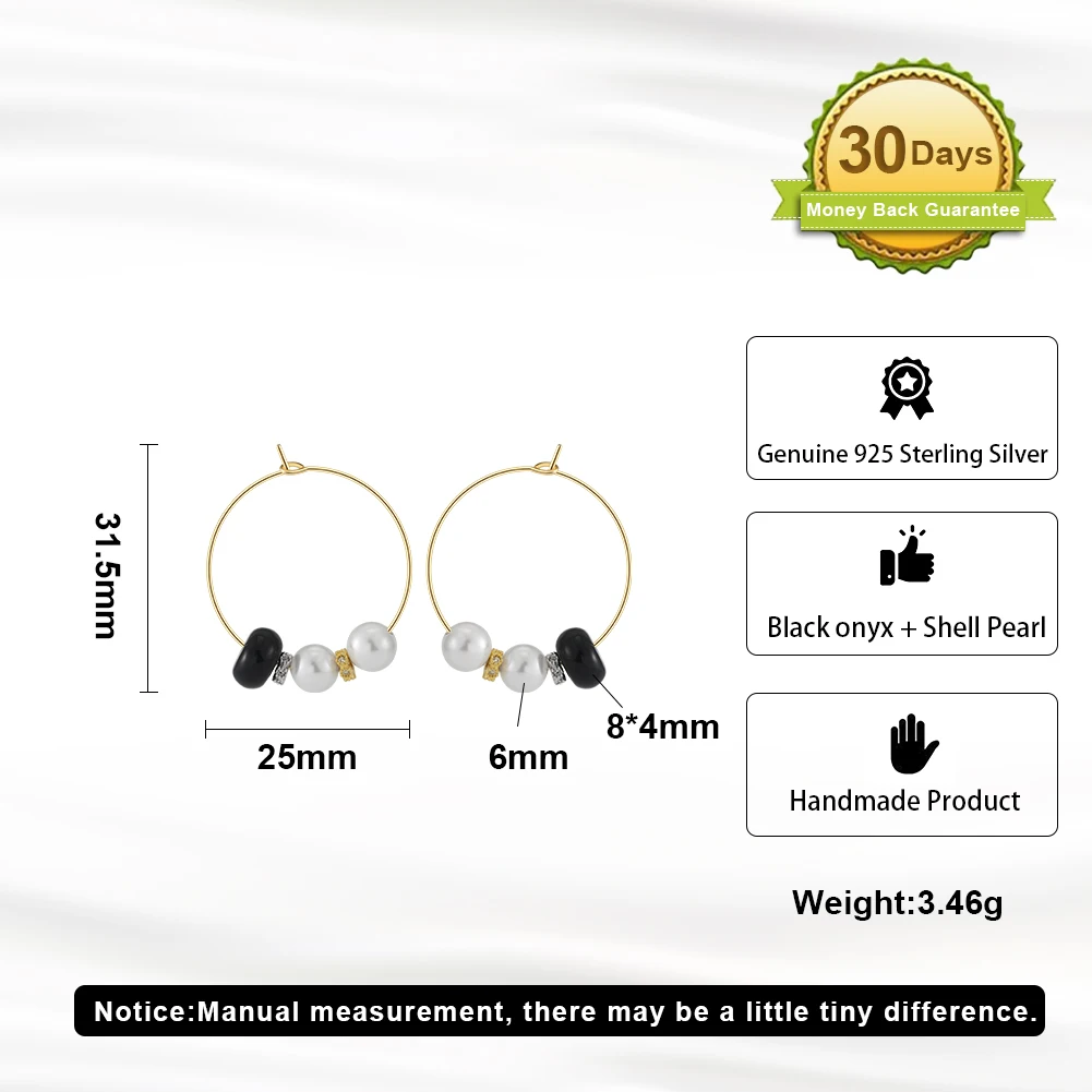 RINNTIN GME47 Premium Original Design 925 Sterling Silver Hoop Black Agate Earrings For Women Jewelry Gifts