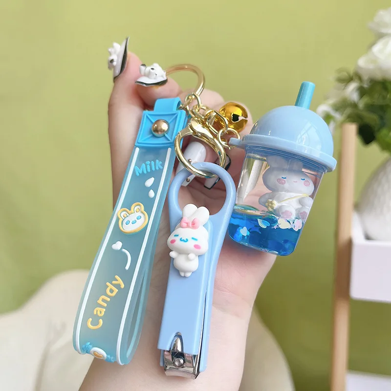 Lilangda Creative Acrylic Liquid Kawaii Keychains Little Rabbit Milk Tea Cup Delicate Nail Clips Accessories Fashion Bag Pendant