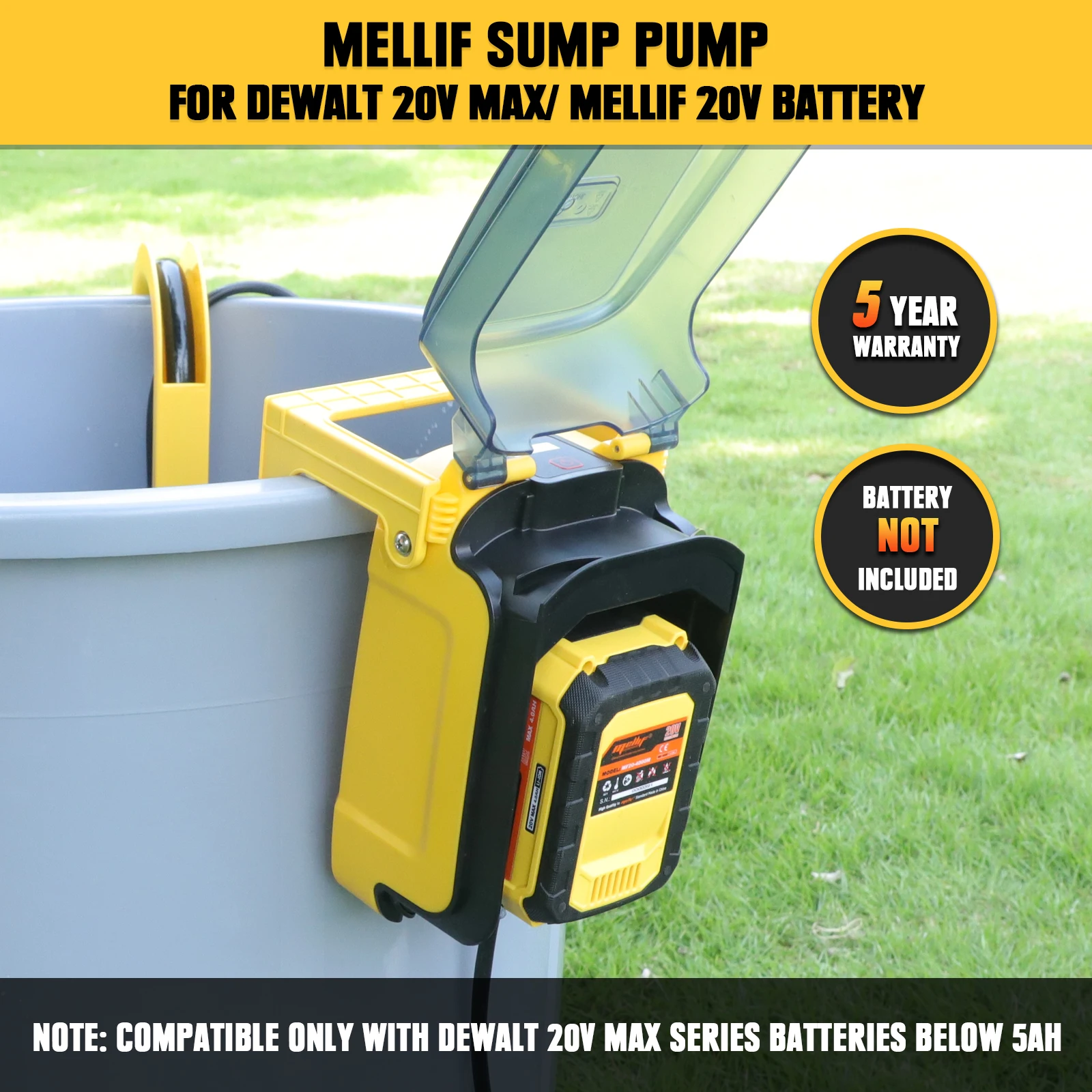 Mellif беспроводной отстойный насос погружной водяной для батареи Dewalt 20 В MAX (только инструмент) 80 Вт 475 GPH