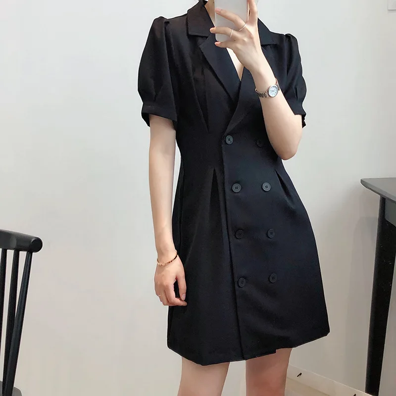 
2021designer solid puff sleeve Double breasted suit skirt formal office blazer dress for ladies 