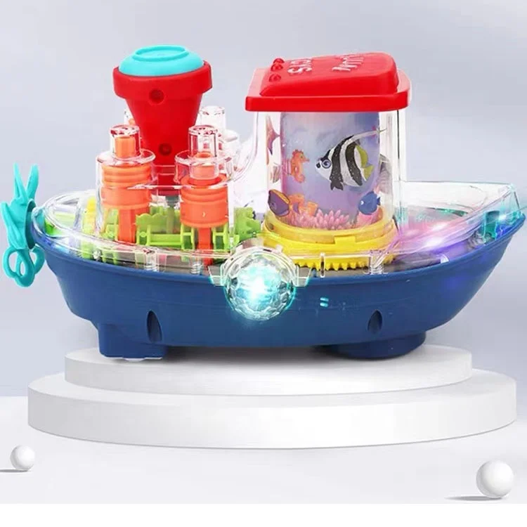 Electric universal transparent gear boat with music and light rotating cruise ship kids toy boat