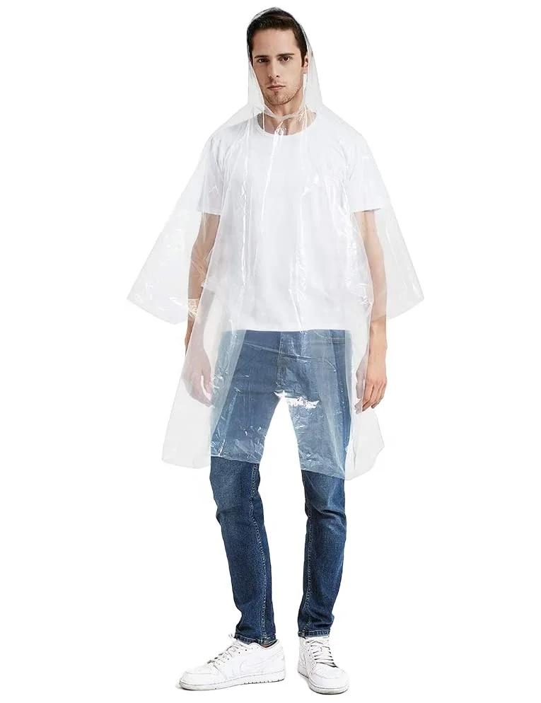 Hot sale cheap PE plastic disposable transparent clear waterproof custom logo raincoat poncho rain wear coat for men adults