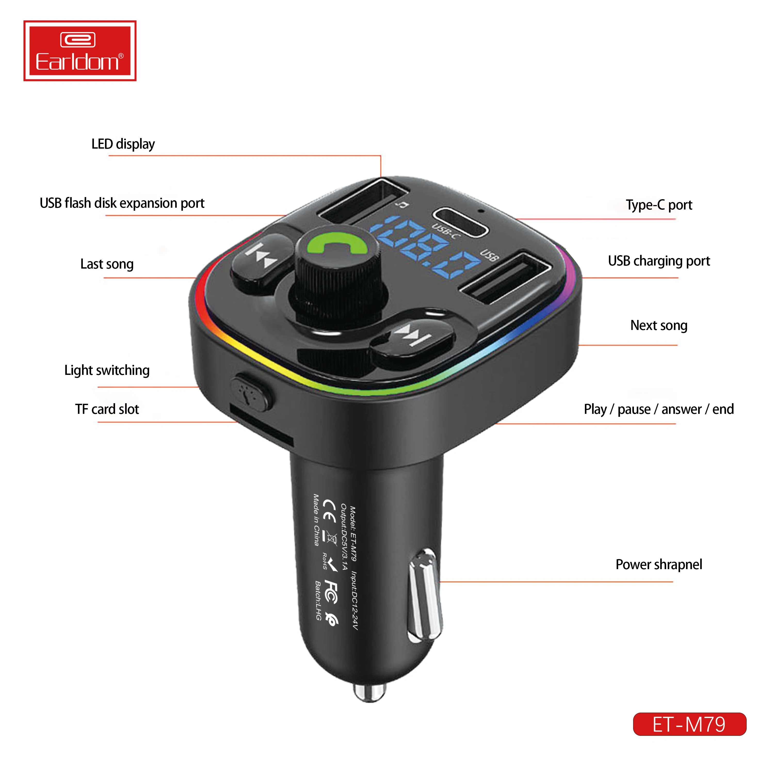 Earldom 7 Color TF Dual USB c handsfree Fast Car charger Audio car kit fm transmitter Wireless Bluetooth fm transmitter For Car