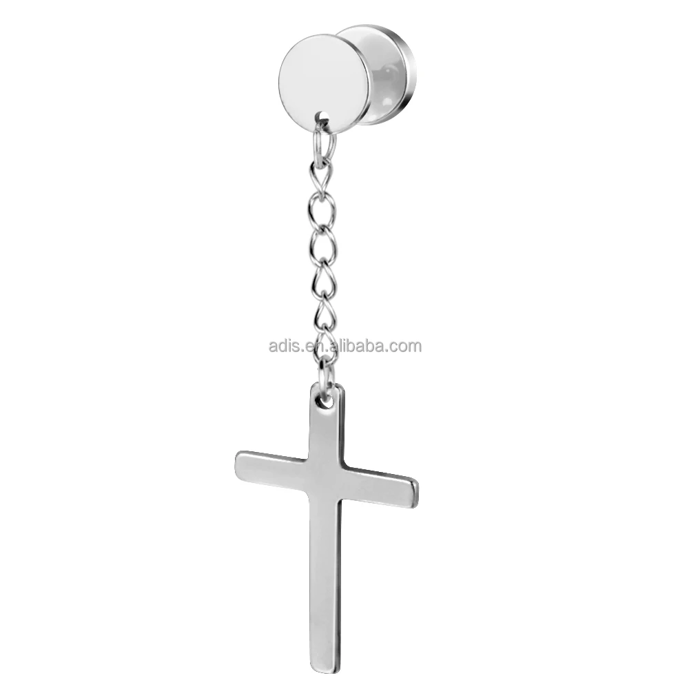 Hot Selling Stainless Steel Ear Plug With Chain Crucifix Body Jewelry Piercing Ear Tunnel For Men Women