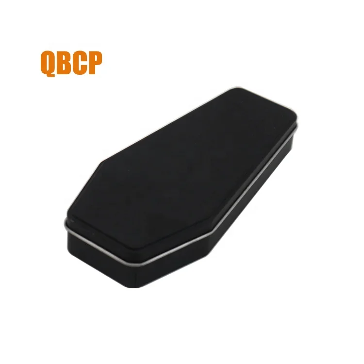 Matte black coffin shaped metal tin box with cross embossed
