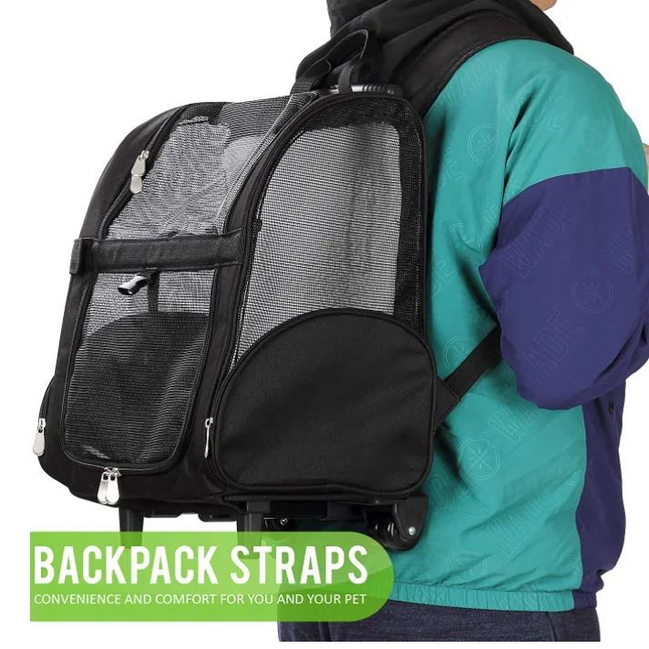 Multi-Function Breathable Mesh Fabric Oxford Black Pet Carrier Bag With Wheels Pet Travel Trolley Backpack Approved by Airlines