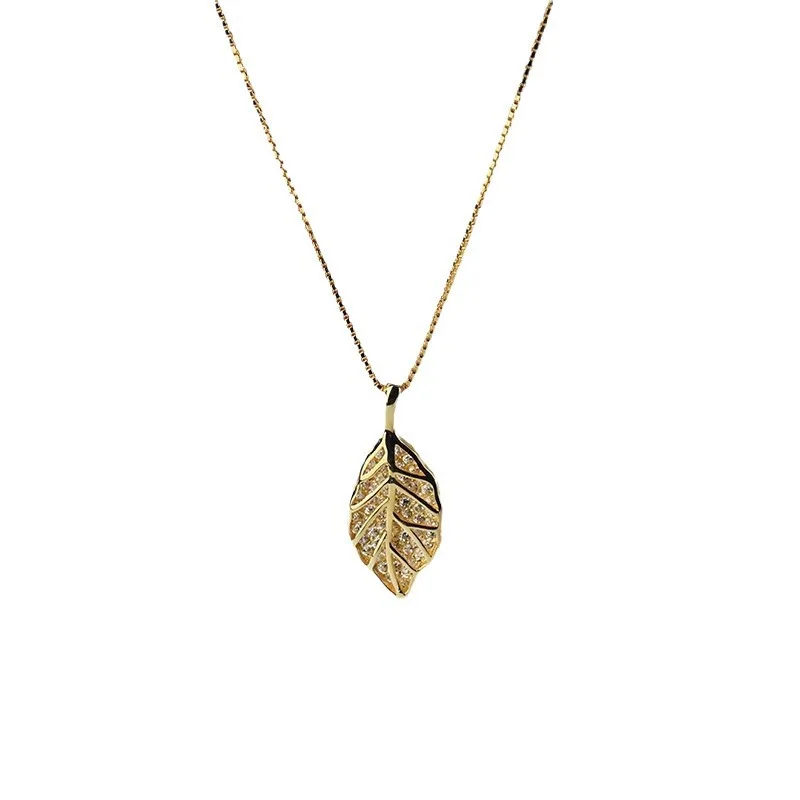 Shiny Bling Jewelry Zircon Leaf Necklace 18k Gold Plated Stainless Steel Box Chain Leaf Necklace Women Girls