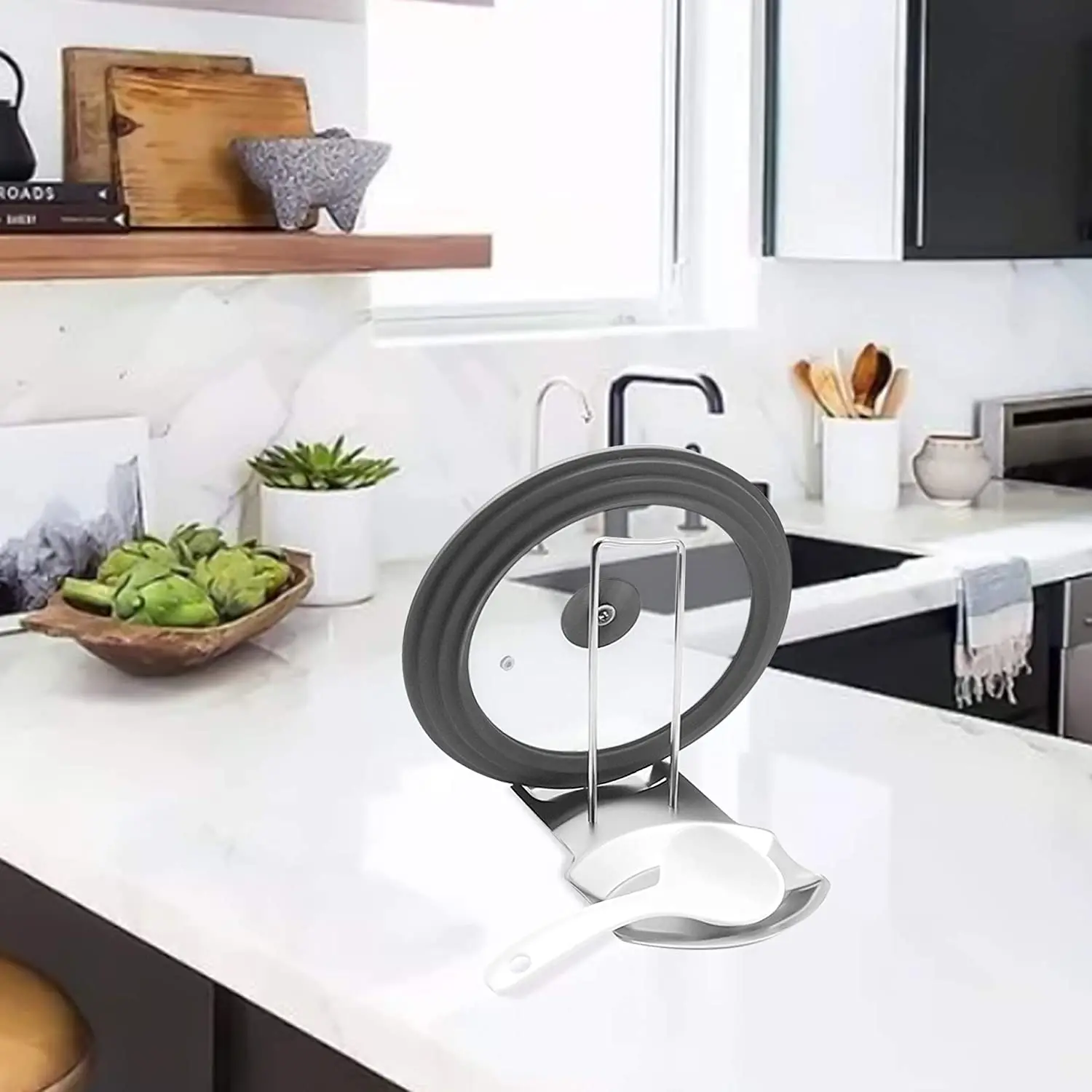 Kitchen Tool Spoon Rest and Pot Lid Holder High Quality Stainless Steel Pan Pot Cover Lid Rack Shelf Stand Holder Spoon Holder
