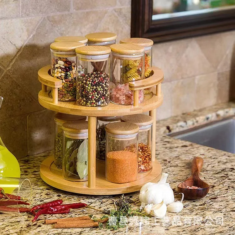 Bamboo Kitchen Shelf Home Wooden Spice Rack 2 Layer Rotating Tray Cabinet Spice Kitchen Storage Racks Removable