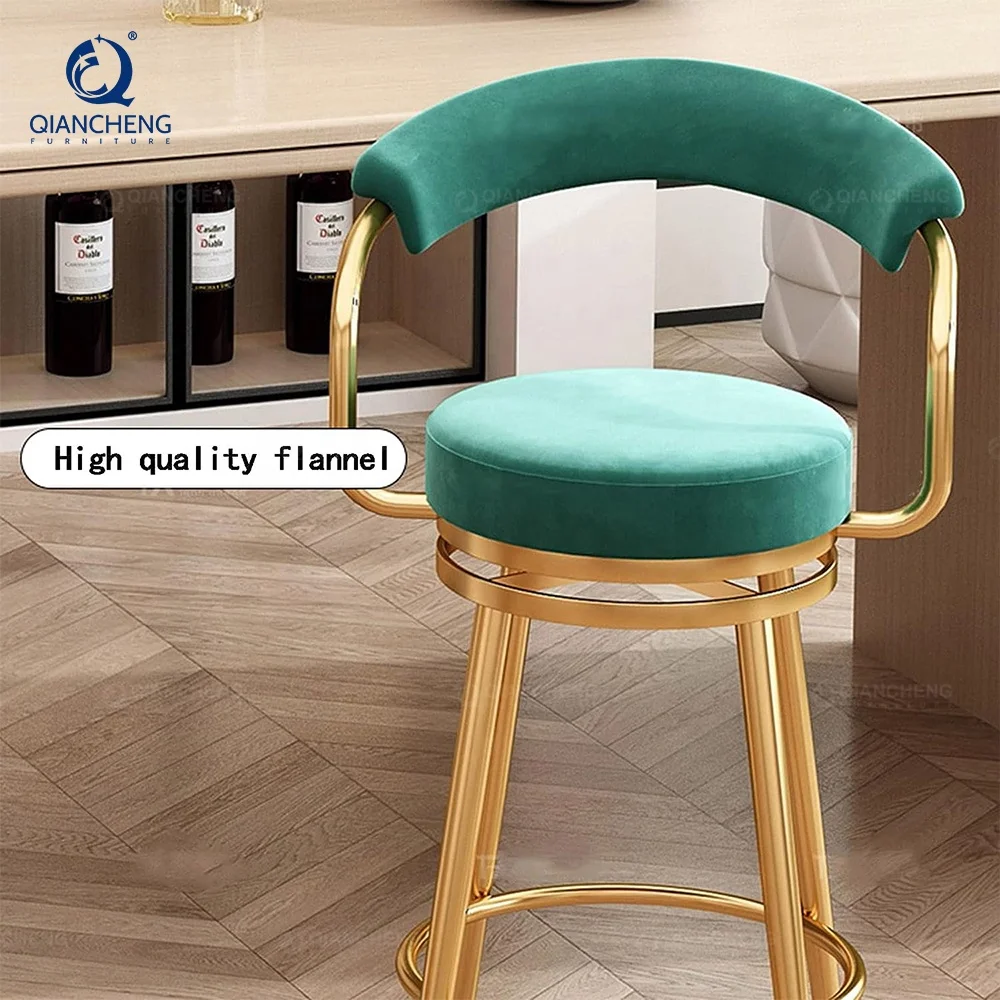 QIANCHENG luxury home furniture supplier high velvet chair kitchen island barstool high back swivel tall bar counter stool