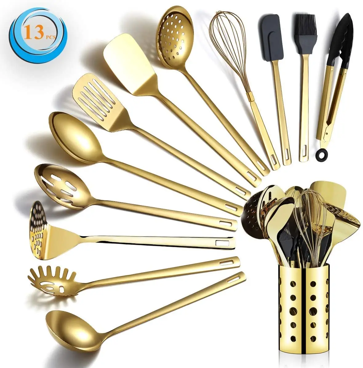 Gold Cooking Utensils Set Stainless Steel 13 Pieces Kitchen Utensils Set With Titanium Gold Plating Kitchen Tools Set