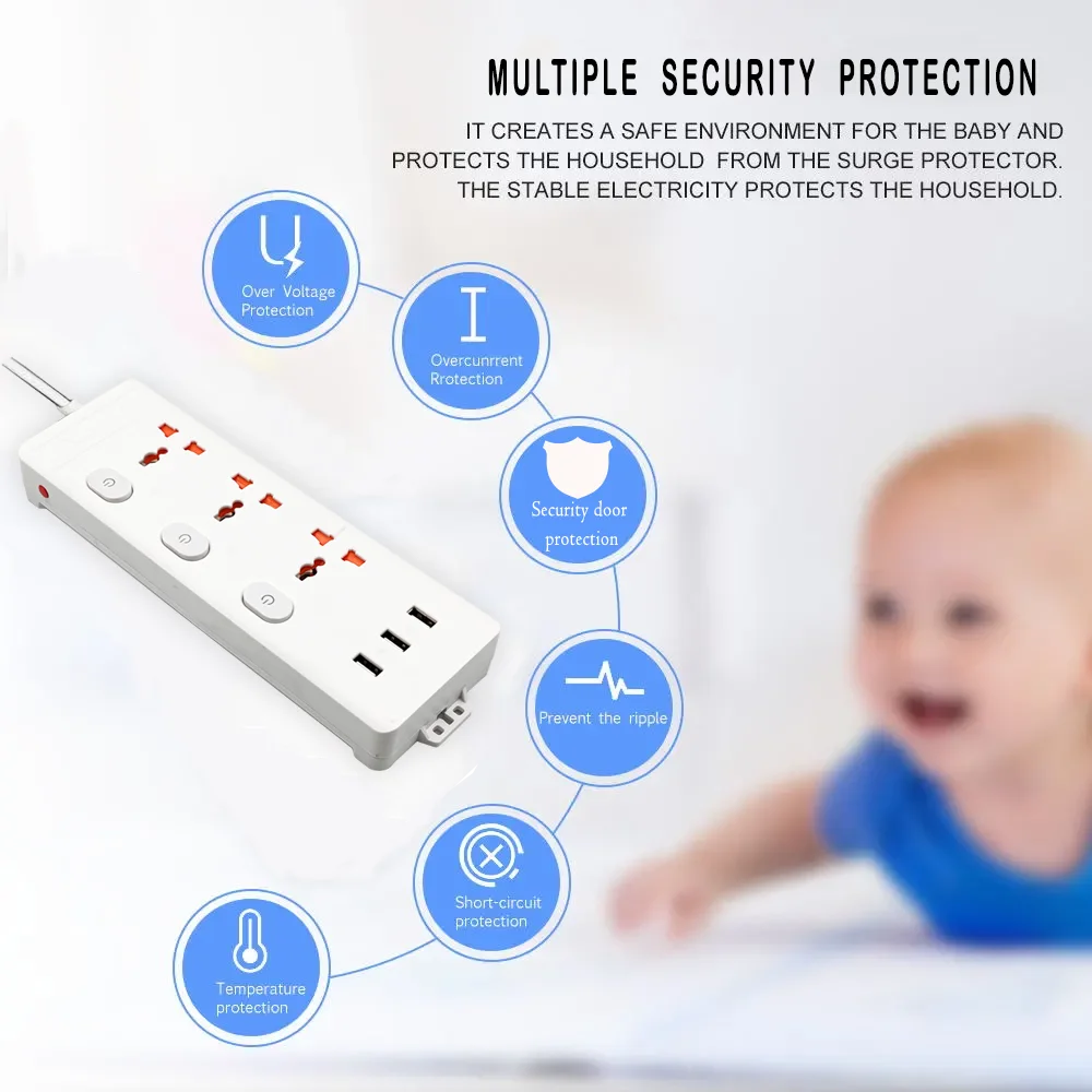 UK Eu universal electric plug 3 way insert power strip outlet with 3 usb socket